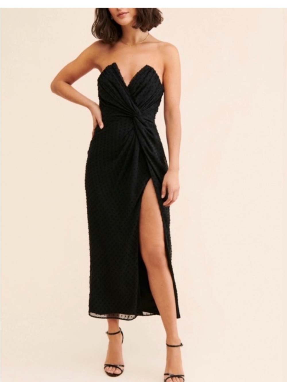 Katie May size M Strapless Black Twist-Front Midi Dress with Side Slit